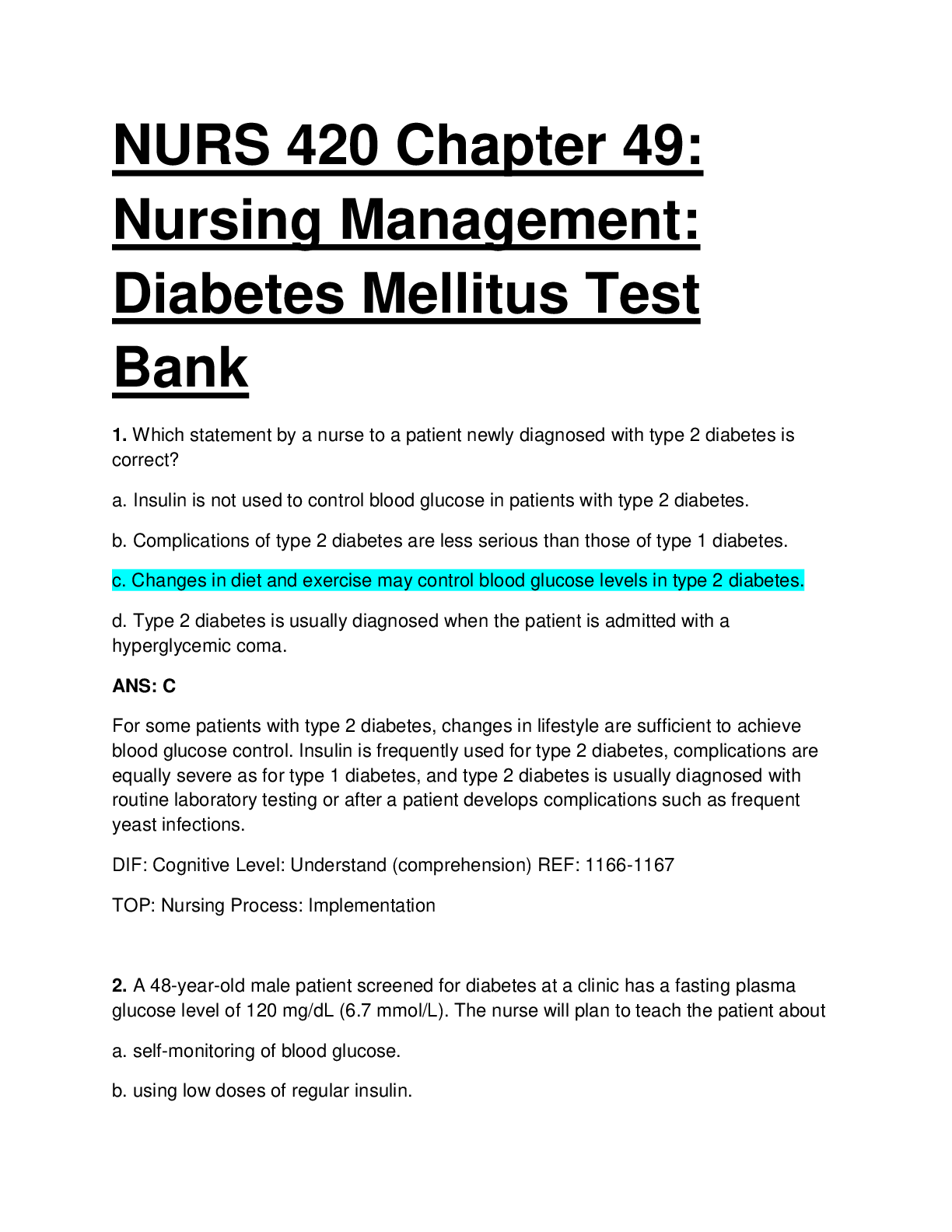 Preview image for NURS 420 Chapter 49: Nursing Management: Diabetes Mellitus Test Bank. QUESTIONS WITH VERIFIED ANSWERS.